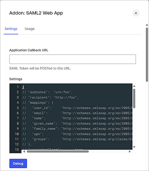 Screenshot of Auth0, Original settings of Addon SAML2 Web App